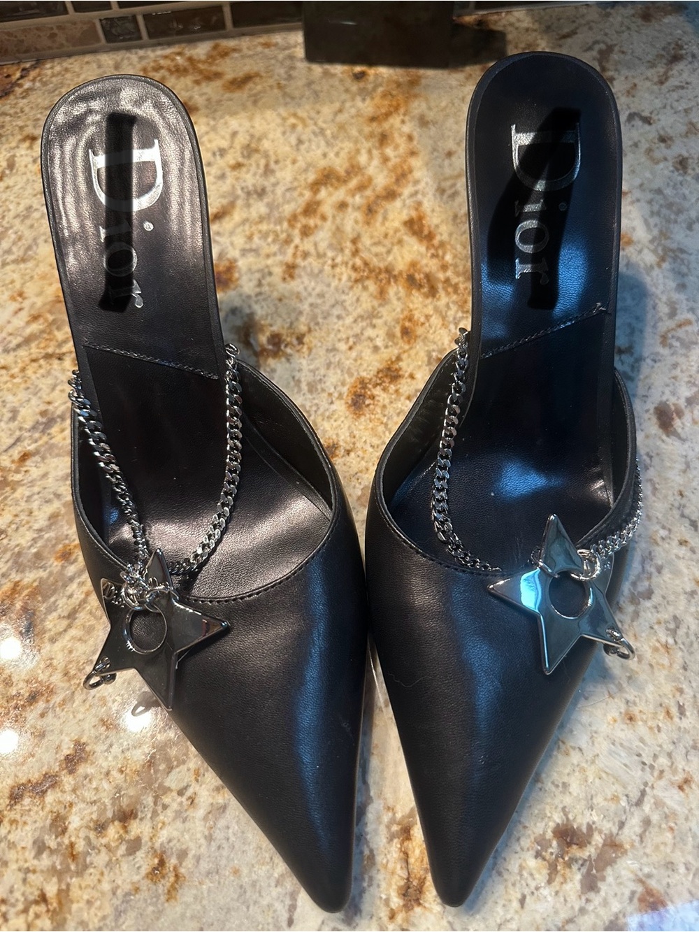 Black Leather Pointed Mules with Silver Star Chain